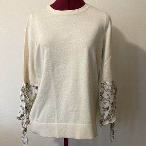 Loft blouse Size LP cream color with flared floral cuff sleeves 100% cotton